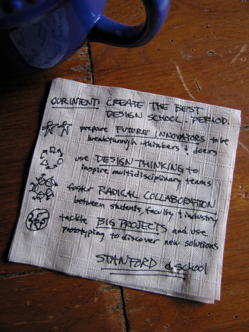 The mission of the Institute of Design at Stanford, on a napkin:

OUR INTENT: CREATE THE BEST DESIGN SCHOOL. PERIOD
prepare FUTURE INNOVATORS to be breakthrough thinkers &amp; doers.
use DESIGN THINKING to inspire multidisciplinary teams
foster RADICAL COLLABORATION between students, faculty &amp; industry
tackle BIG PROJECTS and use prototyping to discover new solutions
STANFORD d.school
